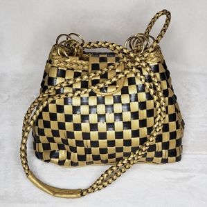 Gold and Black Woven Checkered Handbag
